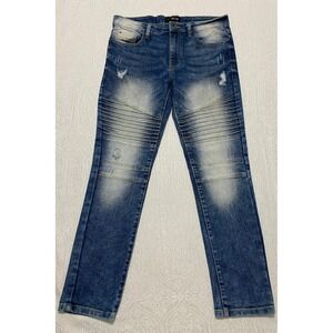 WT02 Moto Biker Jeans Men's Size 32x30 Blue Skinny Stretch Distressed Ribbed